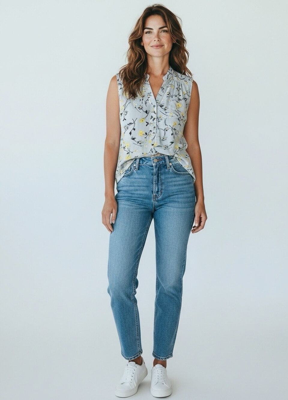 Market & Spruce Light Blue Floral Notch Neck Smocked Shoulder Tank Top Large